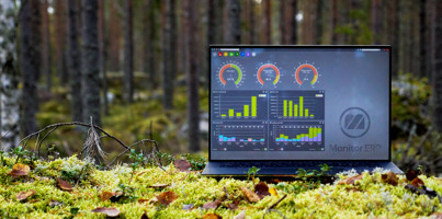 Illustration of Monitor ERP dashboards on a screen placed in nature, symbolizing sustainability.