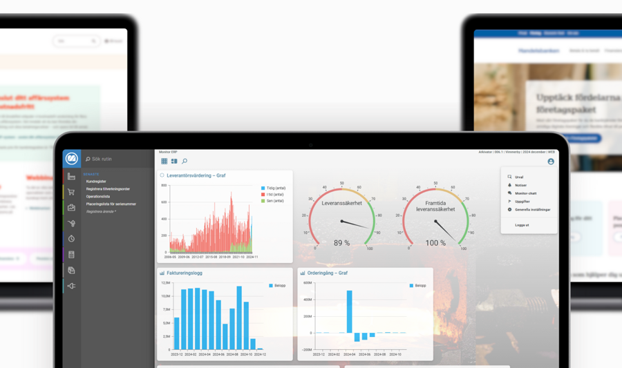 Three laptops with different screens on them. The laptop in the front is displaying Monitor ERP and the other two displays different banks.