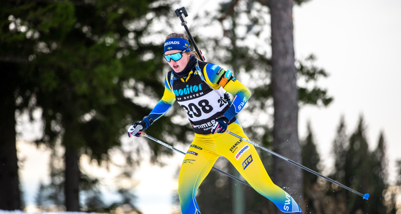 Åkare i skidskyttelandslaget stakar sig upp för en backe. 