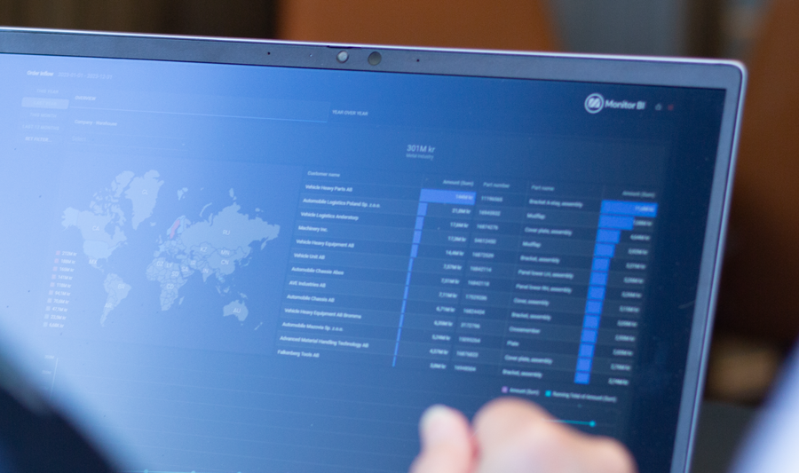 En person sitter framför en bärbar dator med Monitor BI (business intelligence) dashboards på skärmen.