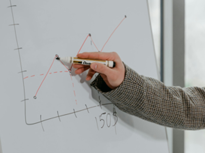 En person skriver på en whiteboard med en markeringspenna.