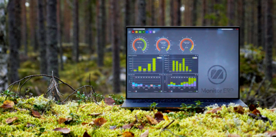 Illustration of Monitor ERP dashboards on a screen placed in nature, symbolizing sustainability.