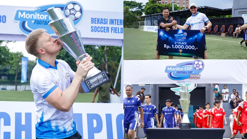 A two-panel photo showing scenes from the Monitor ERP Football Cup 2025 prize ceremony.