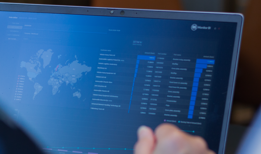 A person sitting in front of a laptop computer with Monitor BI (business intelligence) dashboards. 