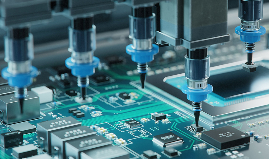 Et grønt kretskort føres gjennom en produksjonsmaskin for montering av elektroniske komponenter. Bildet viser detaljerte kobberbaner og små loddepunkter.