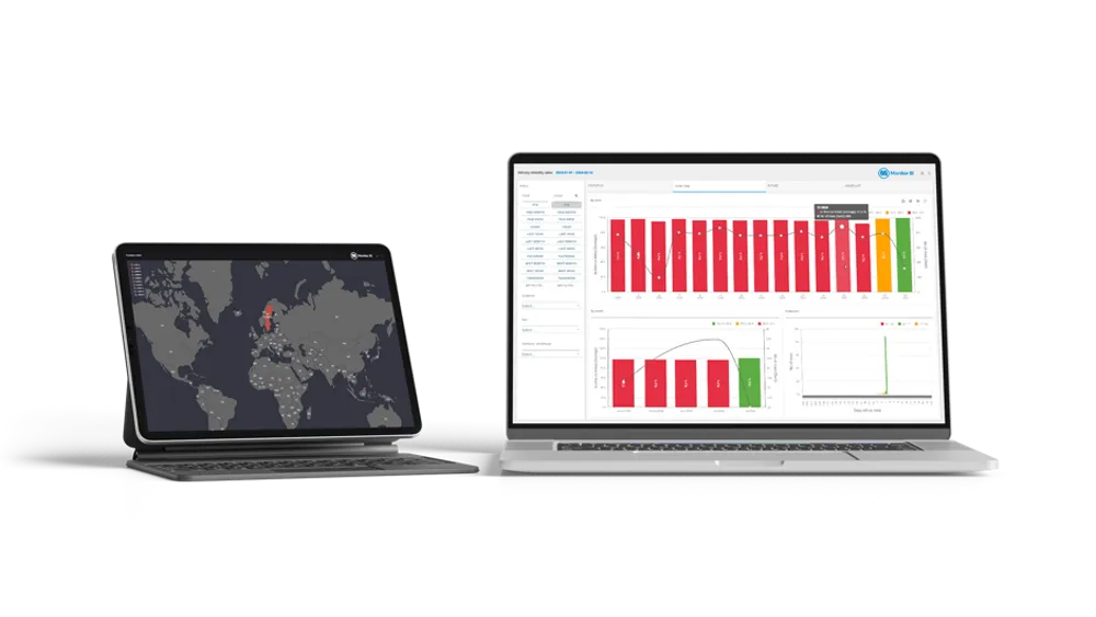 Illustration: En bärbar dator står bredvid en stationär dator, båda visar dashboards från Monitor BI (business intelligence).