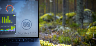 Illustration of Monitor ERP dashboards on a screen placed in nature, symbolizing sustainability.