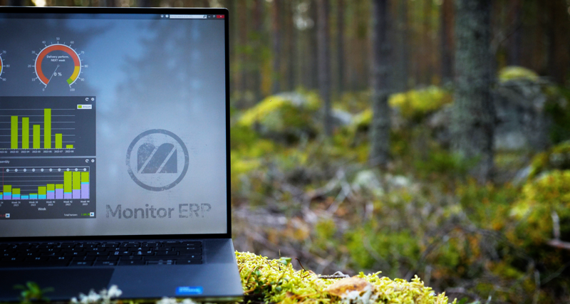 Illustration of Monitor ERP dashboards on a screen placed in nature, symbolizing sustainability.