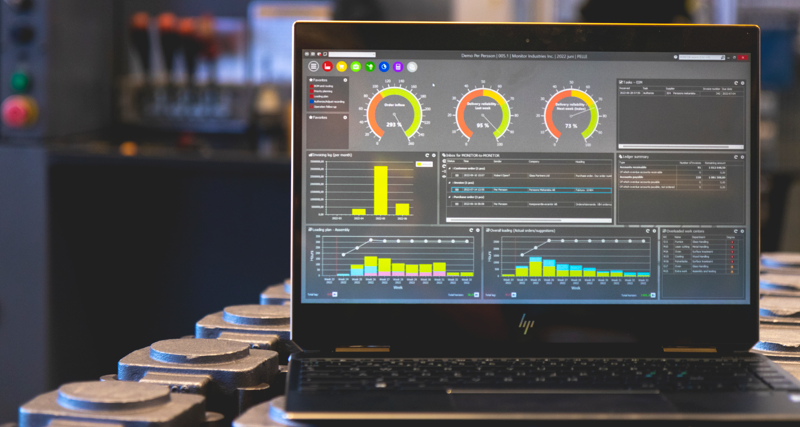 Monitor ERP dashboard displayed on a laptop in a factory environment