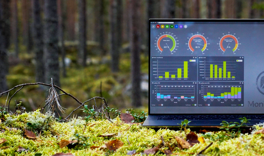 Illustration av Monitor ERP-instrumentpaneler på en skärm placerad i naturen, som symboliserar hållbarhet.