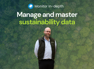 illustration with the text "Manage and master sustainability data," alongside David Mariasdotter, Sustainability Consultant at Monitor ERP.