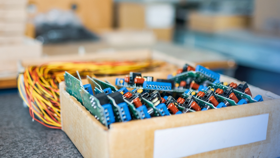 A wooden box filled with lots of different types of wires.