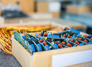 A wooden box filled with lots of different types of wires.