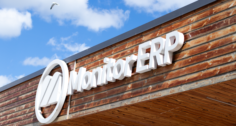 A sign of Monitor ERP on the side of the Monitor ERP headcourter in Sweden, Hudiksvall