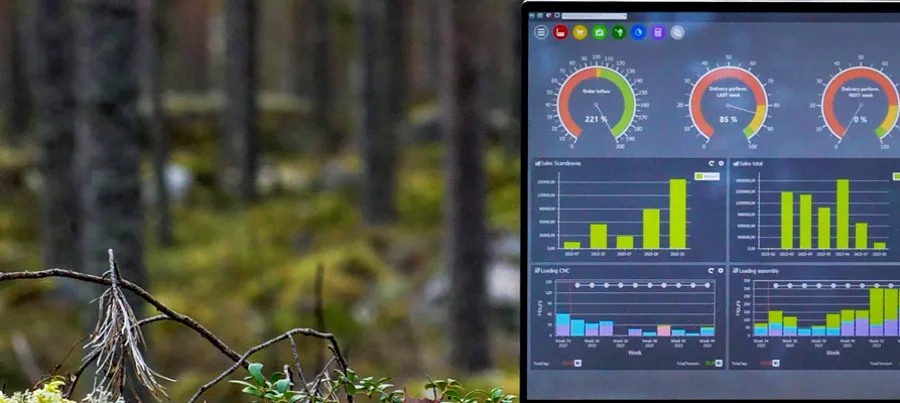 Illustration of Monitor ERP dashboards on a screen placed in nature, symbolizing sustainability.