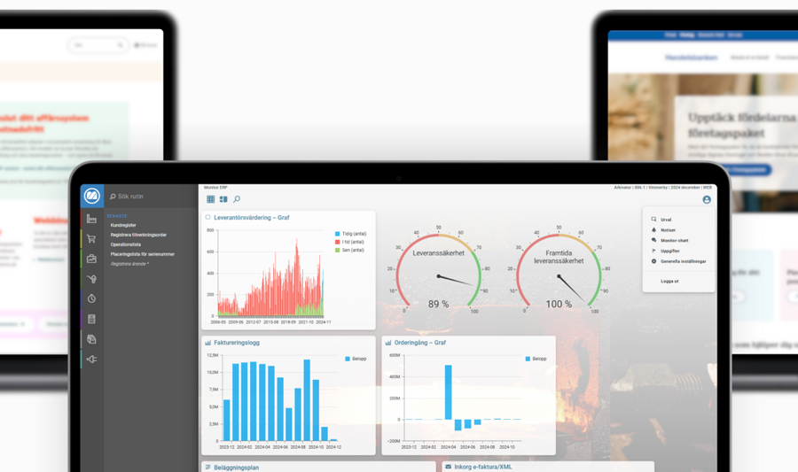 Three laptops with different screens on them. The laptop in the front is displaying Monitor ERP and the other two displays different banks.