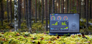 Illustration of Monitor ERP dashboards on a screen placed in nature, symbolizing sustainability.