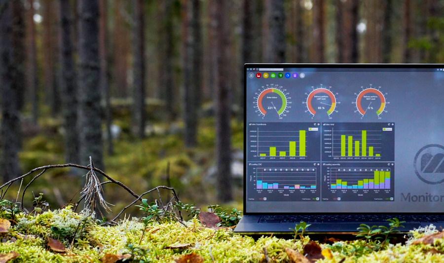 Illustration av Monitor ERP-instrumentpaneler på en skärm placerad i naturen, som symboliserar hållbarhet.