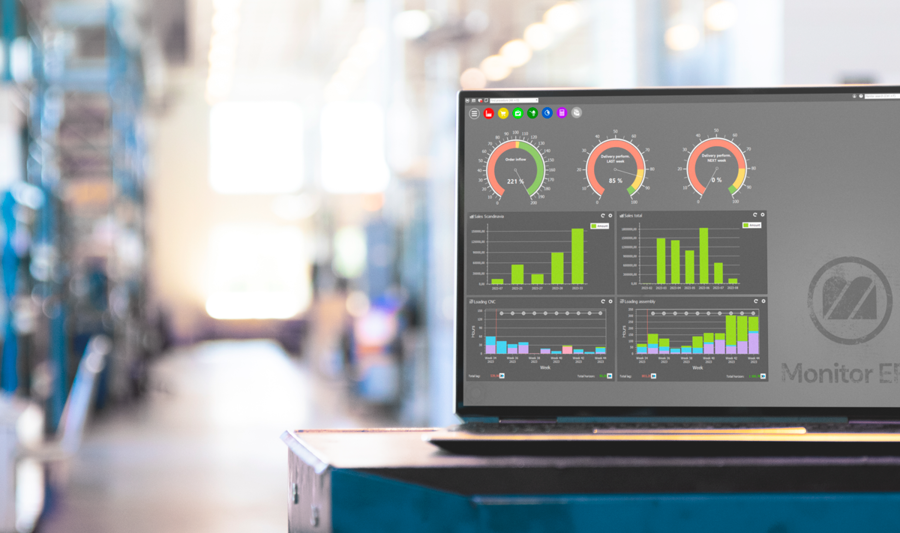 Monitor ERP dashboard displayed on a laptop in a factory environment